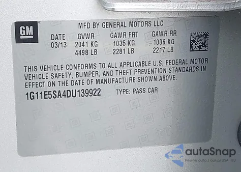 2013 Chevrolet Malibu 2Lt z USA, uszkodzony, nr VIN 1G11E5SA4DU139922